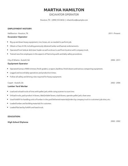 Excavator Operator Resume