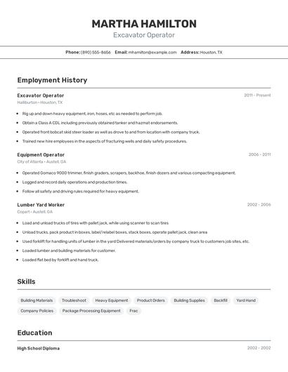 Excavator Operator Resume