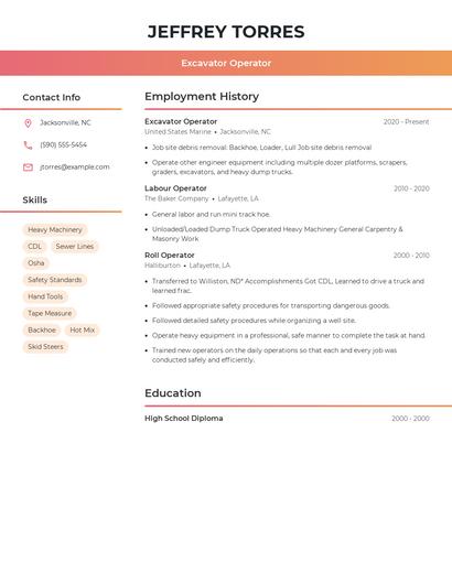 Excavator Operator Resume