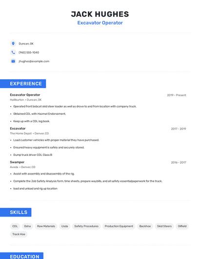 Excavator Operator Resume