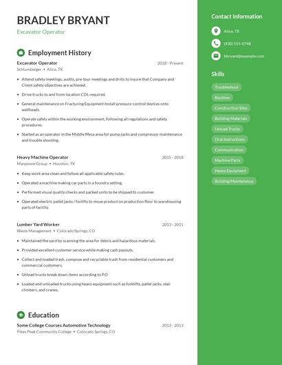 Excavator Operator Resume