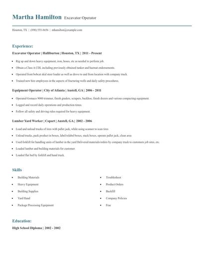 Excavator Operator Resume