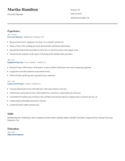 Excavator Operator Resume