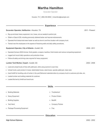Excavator Operator Resume