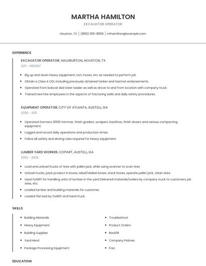 Excavator Operator Resume
