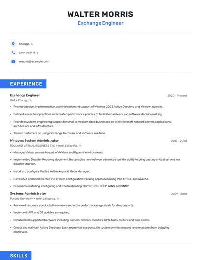 Exchange Engineer Resume