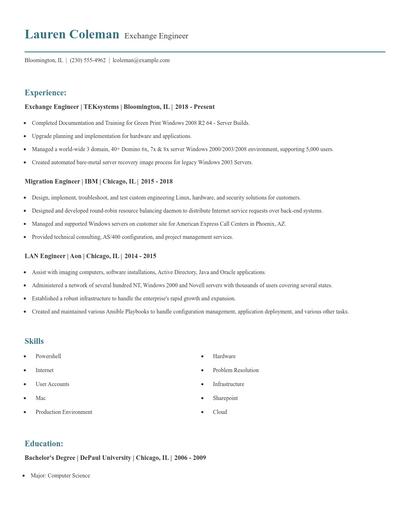 Exchange Engineer Resume