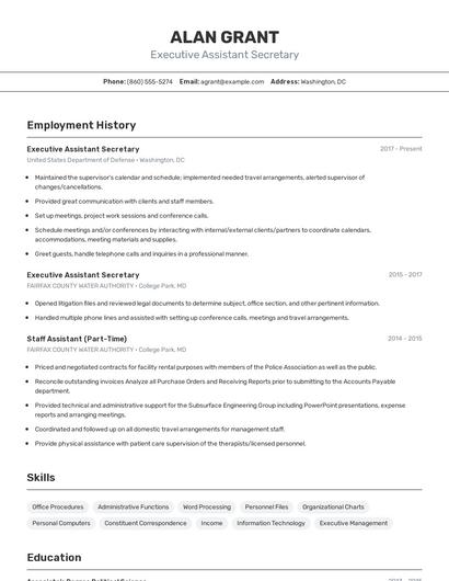 Executive Assistant Secretary Resume