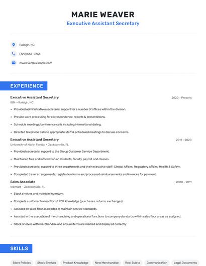 Executive Assistant Secretary Resume