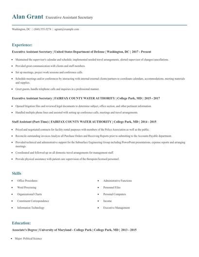 Executive Assistant Secretary Resume