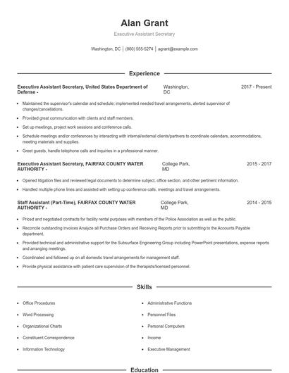 Executive Assistant Secretary Resume