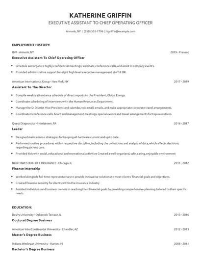 Executive Assistant To Chief Operating Officer Resume