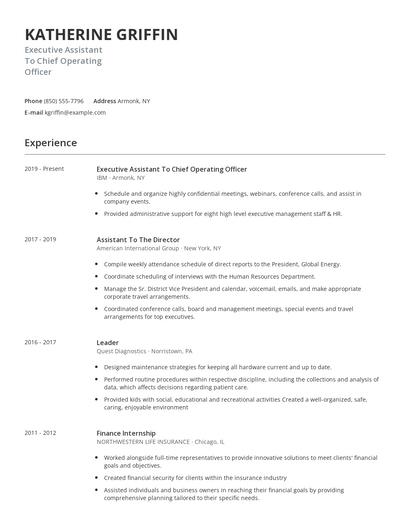 Executive Assistant To Chief Operating Officer Resume