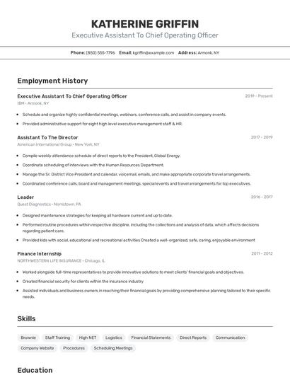 Executive Assistant To Chief Operating Officer Resume