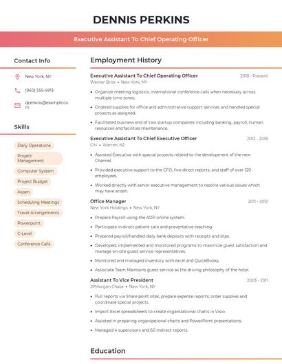 Executive Assistant To Chief Operating Officer Resume