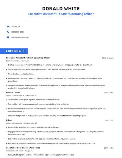 Executive Assistant To Chief Operating Officer Resume