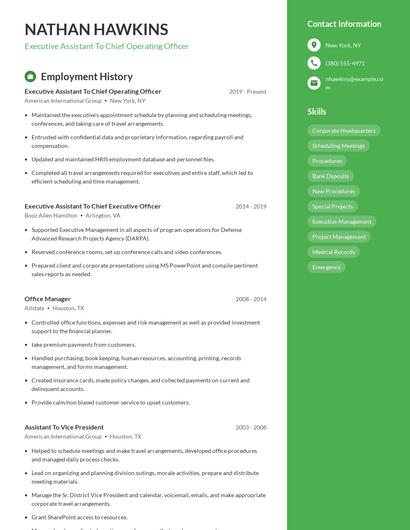 Executive Assistant To Chief Operating Officer Resume