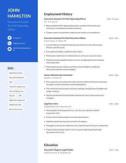 Executive Assistant To Chief Operating Officer Resume
