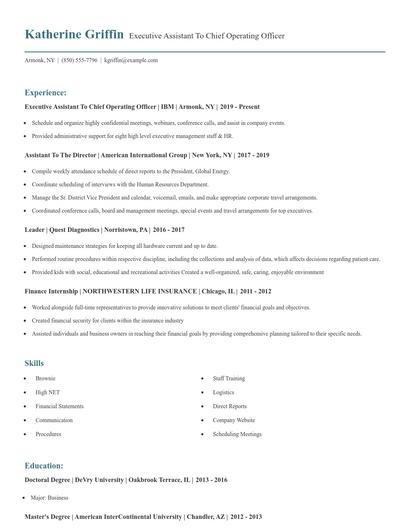 Executive Assistant To Chief Operating Officer Resume
