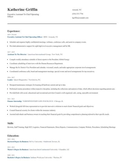 Executive Assistant To Chief Operating Officer Resume