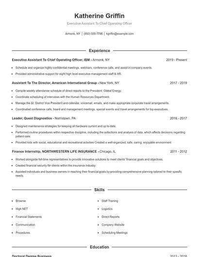 Executive Assistant To Chief Operating Officer Resume