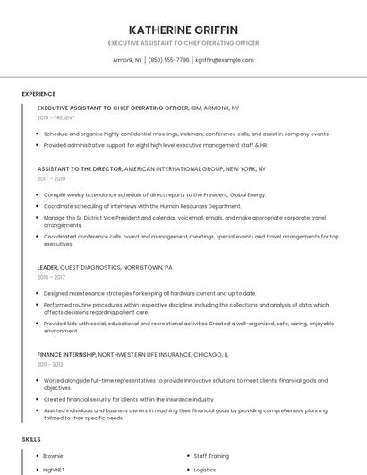 Executive Assistant To Chief Operating Officer Resume