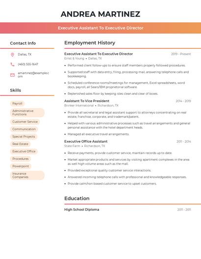 Executive Assistant To Executive Director Resume