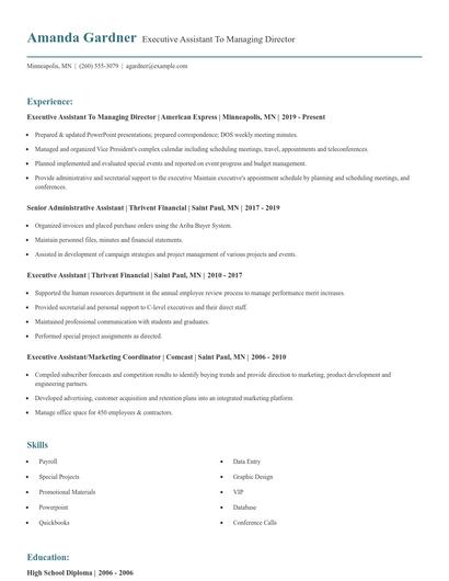 Executive Assistant To Managing Director Resume