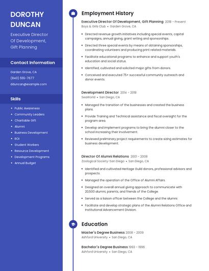 Executive Director Of Development, Gift Planning Resume