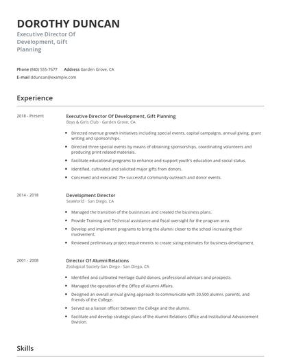 Executive Director Of Development, Gift Planning Resume