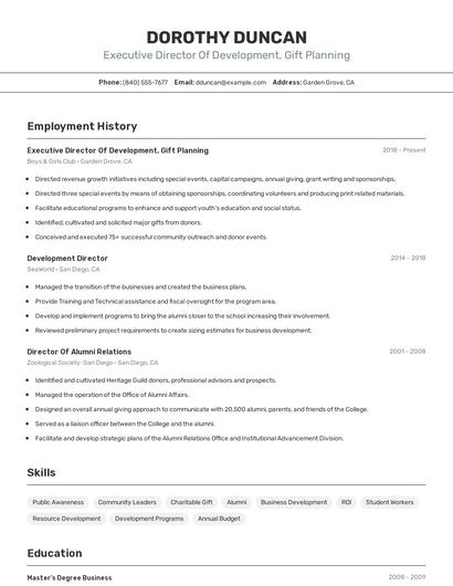 Executive Director Of Development, Gift Planning Resume