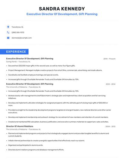 Executive Director Of Development, Gift Planning Resume