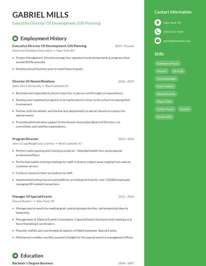 Executive Director Of Development, Gift Planning Resume