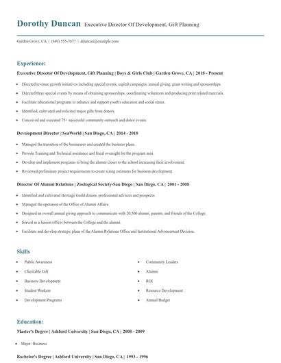 Executive Director Of Development, Gift Planning Resume