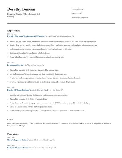 Executive Director Of Development, Gift Planning Resume