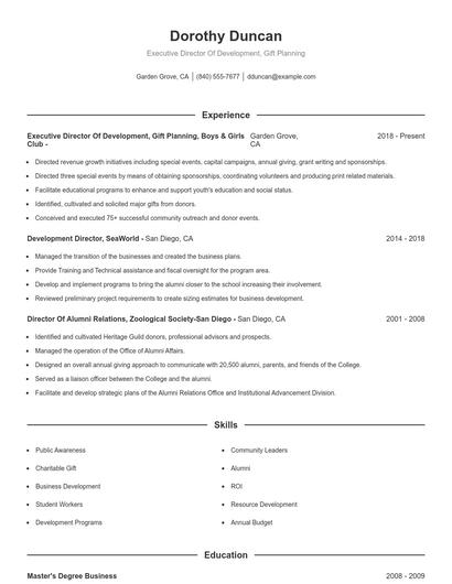 Executive Director Of Development, Gift Planning Resume