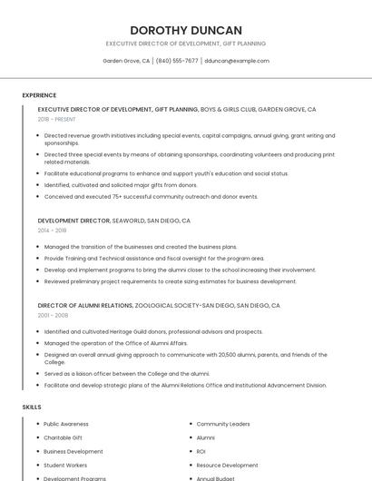 Executive Director Of Development, Gift Planning Resume