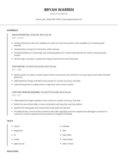 Executive Editor Resume