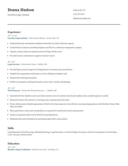 Executive Legal Assistant Resume