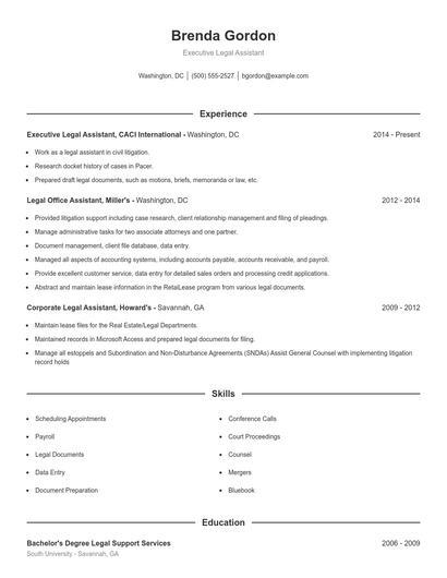 Executive Legal Assistant Resume