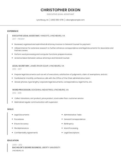 Executive Legal Assistant Resume