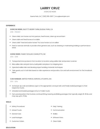 Exercise Rider Resume