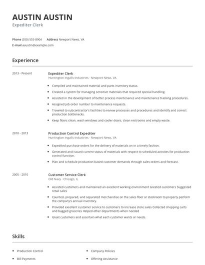 Expediter Clerk Resume