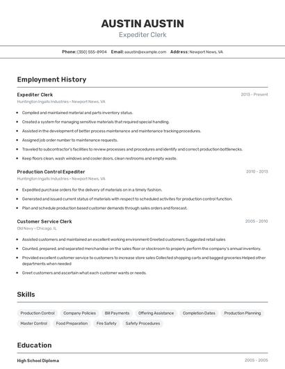 Expediter Clerk Resume