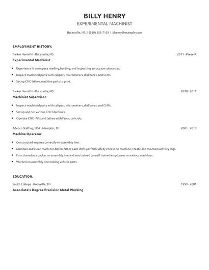 Experimental Machinist Resume