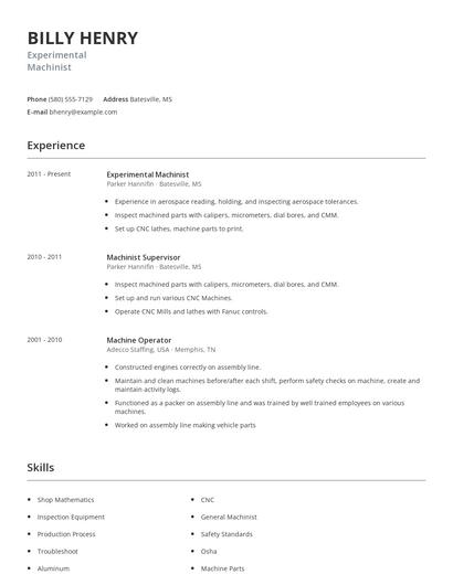 Experimental Machinist Resume