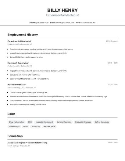 Experimental Machinist Resume