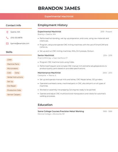 Experimental Machinist Resume