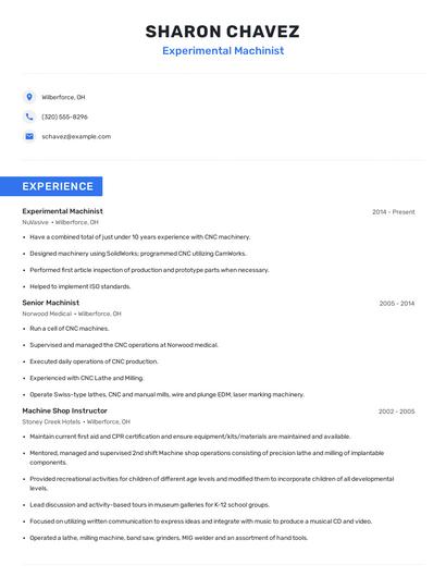 Experimental Machinist Resume