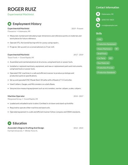 Experimental Machinist Resume